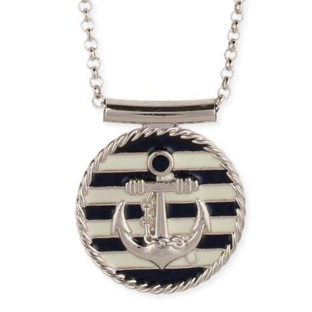 NEW ZAD Silver Anchor Nautical Navy Ivory Striped Enamel Pendant Long Necklace